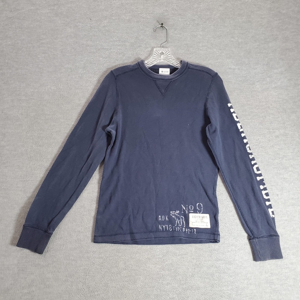 Abercrombie Boys Sweater Large Blue Logo Waffle Knit‎ Long Sleeve Crew Neck Tee